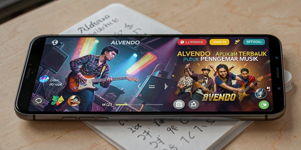 Tampilan utama ALVENDO menampilkan berbagai genre musik dengan antarmuka yang atraktif.