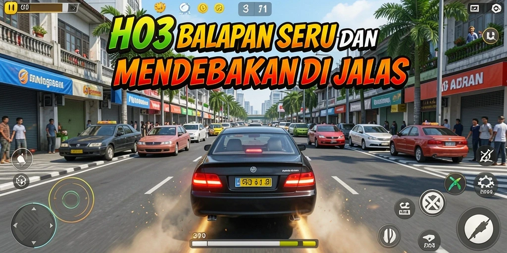 Screenshot gameplay HO3 menampilkan aksi balapan yang mendebarkan.
