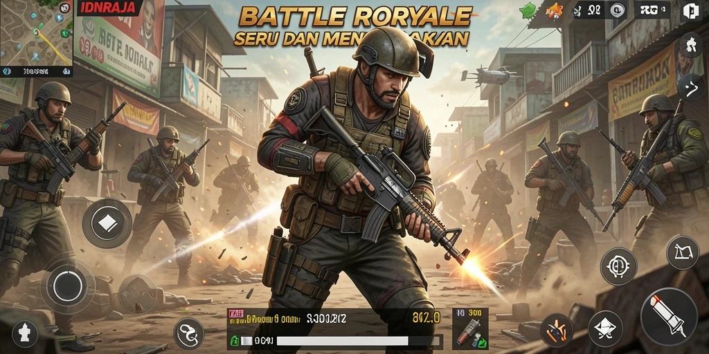 Tangkapan layar utama IDNRAJA menampilkan aksi seru dalam permainan Battle Royale.