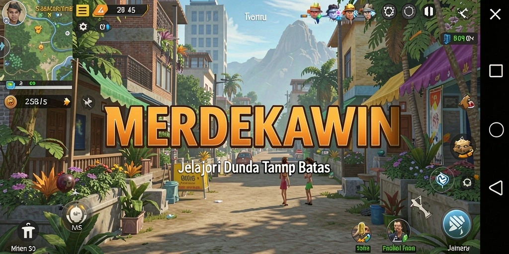 Screenshot MERDEKAWIN menampilkan pemain yang menjelajahi dunia terbuka yang megah.