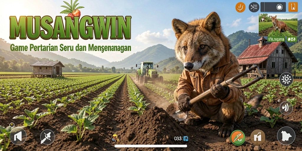 Screenshot gameplay MUSANGWIN menunjukkan kebun yang subur dan aktivitas bertani.