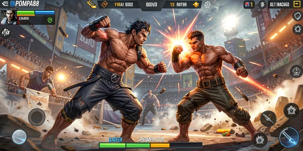 Screenshot utama POMPA88 menampilkan pertarungan seru antara karakter.