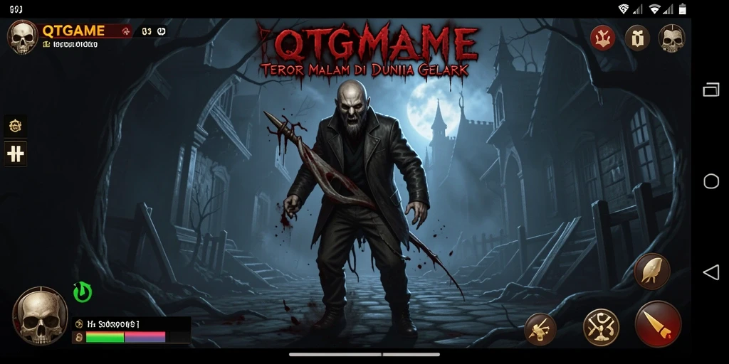 Screenshot utama QTGAME menunjukkan momen menegangkan di dunia horror.