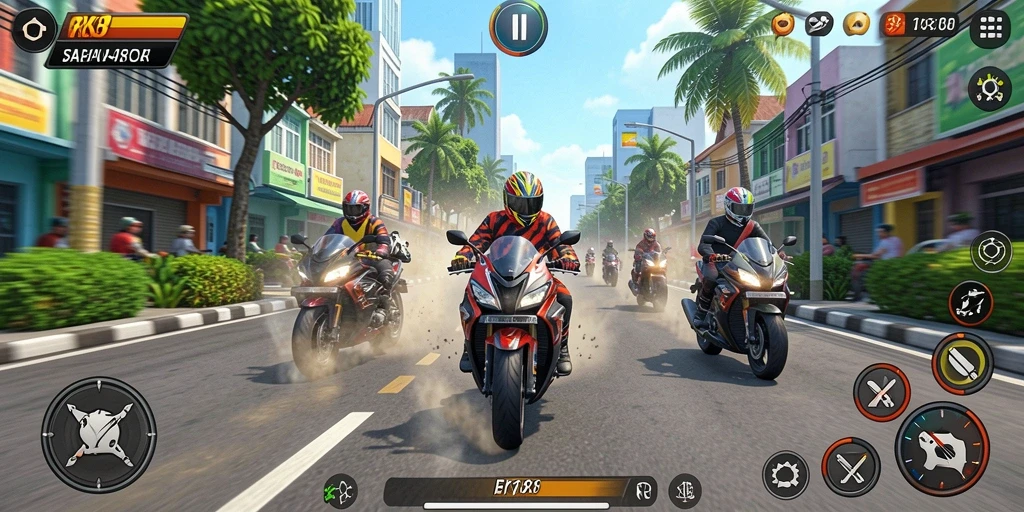 Tampilan gameplay <strong>RK88</strong> saat balapan motor yang menegangkan dan mendebarkan.