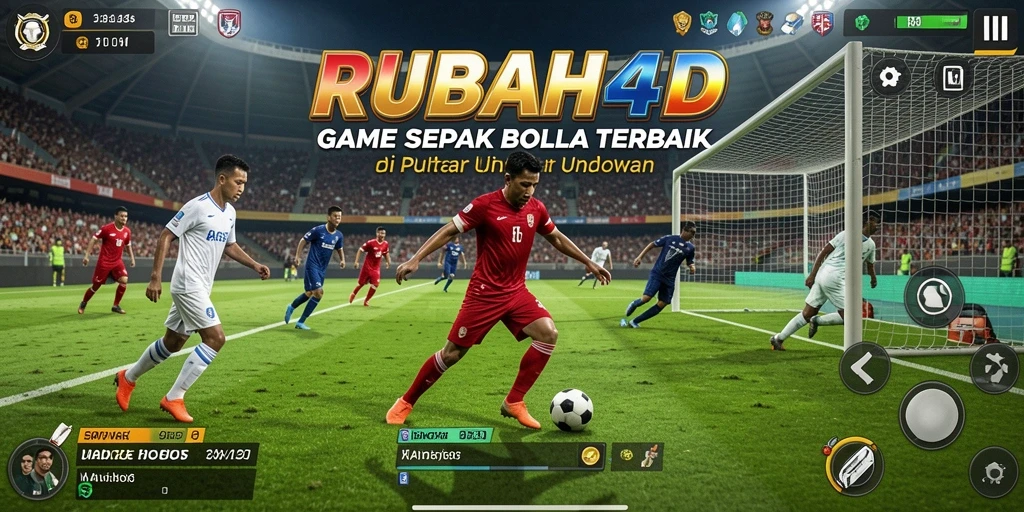 Screenshot menunjukkan action penuh dari gameplay sepak bola yang seru.