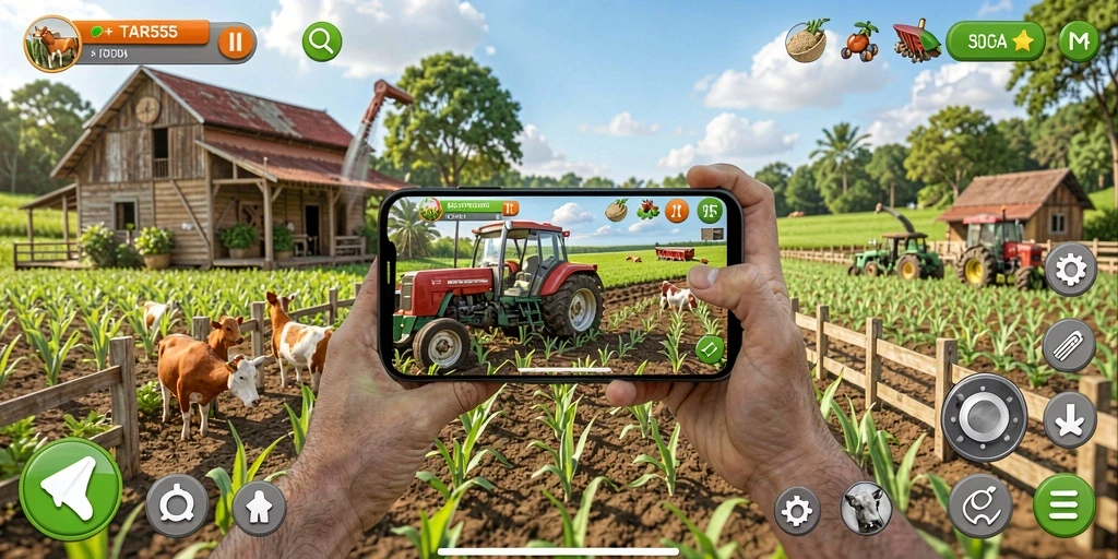 Tangkapan layar dari gameplay seru di TAR555 yang menampilkan aktivitas bertani.